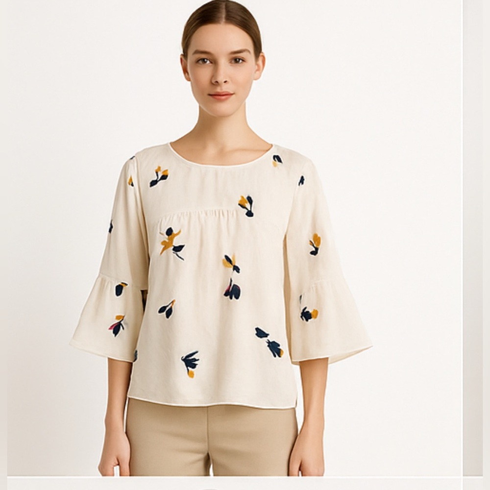 Joie 100% Silk Blouse – Romantic Sheer Overlay Cream Floral Embroidered Top